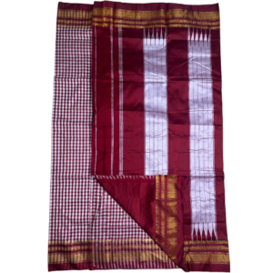 ilkal tana silk checks saree with traditional tope pallu – maroon & white